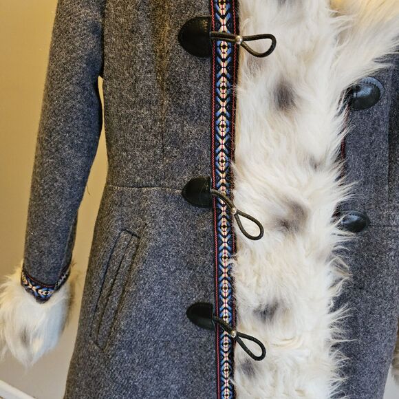 True Vintage 70s Gray Nordic Faux Fur Penny Lane Toggle Wool Coat Womens S Boho - Picture 3 of 8